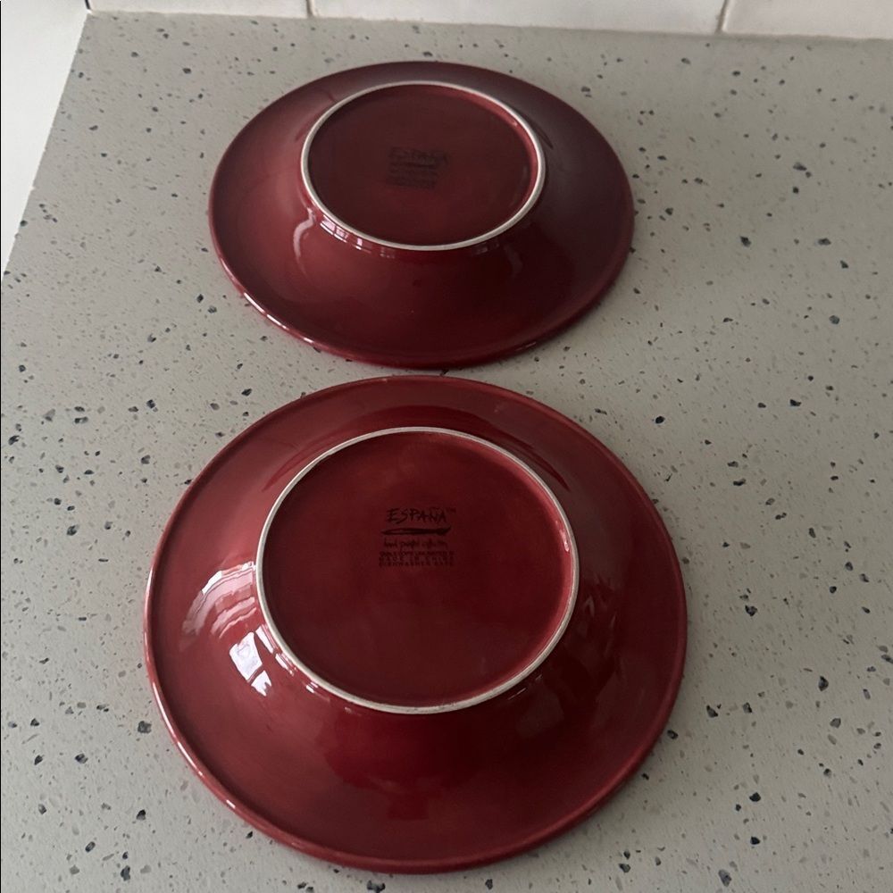España Hand Painted Collection Ceramic Dinner Plates Deep Red Lot of 2 Pieces